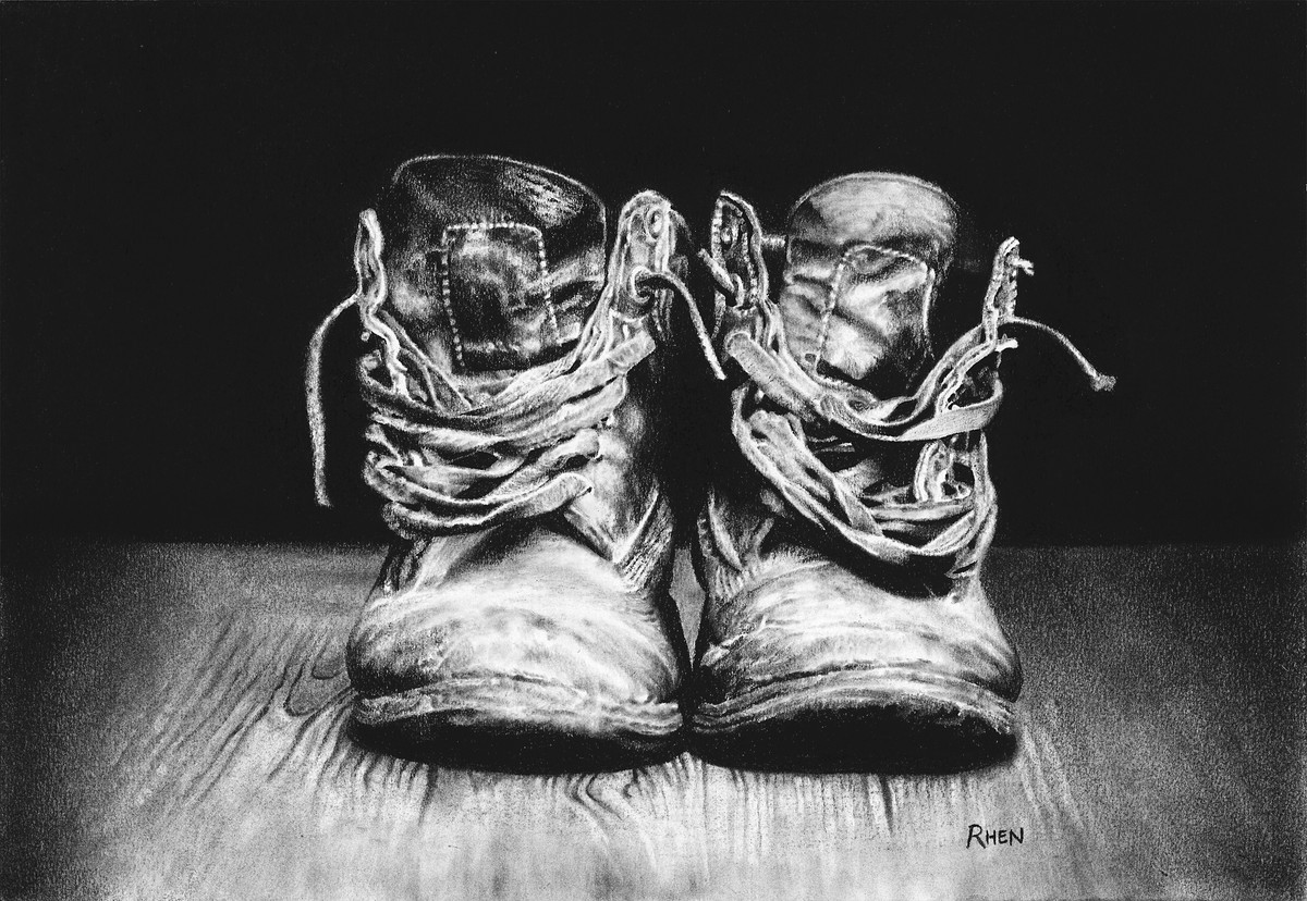 Boots, charcoal drawing on paper by South African artist Rhen Hanekom