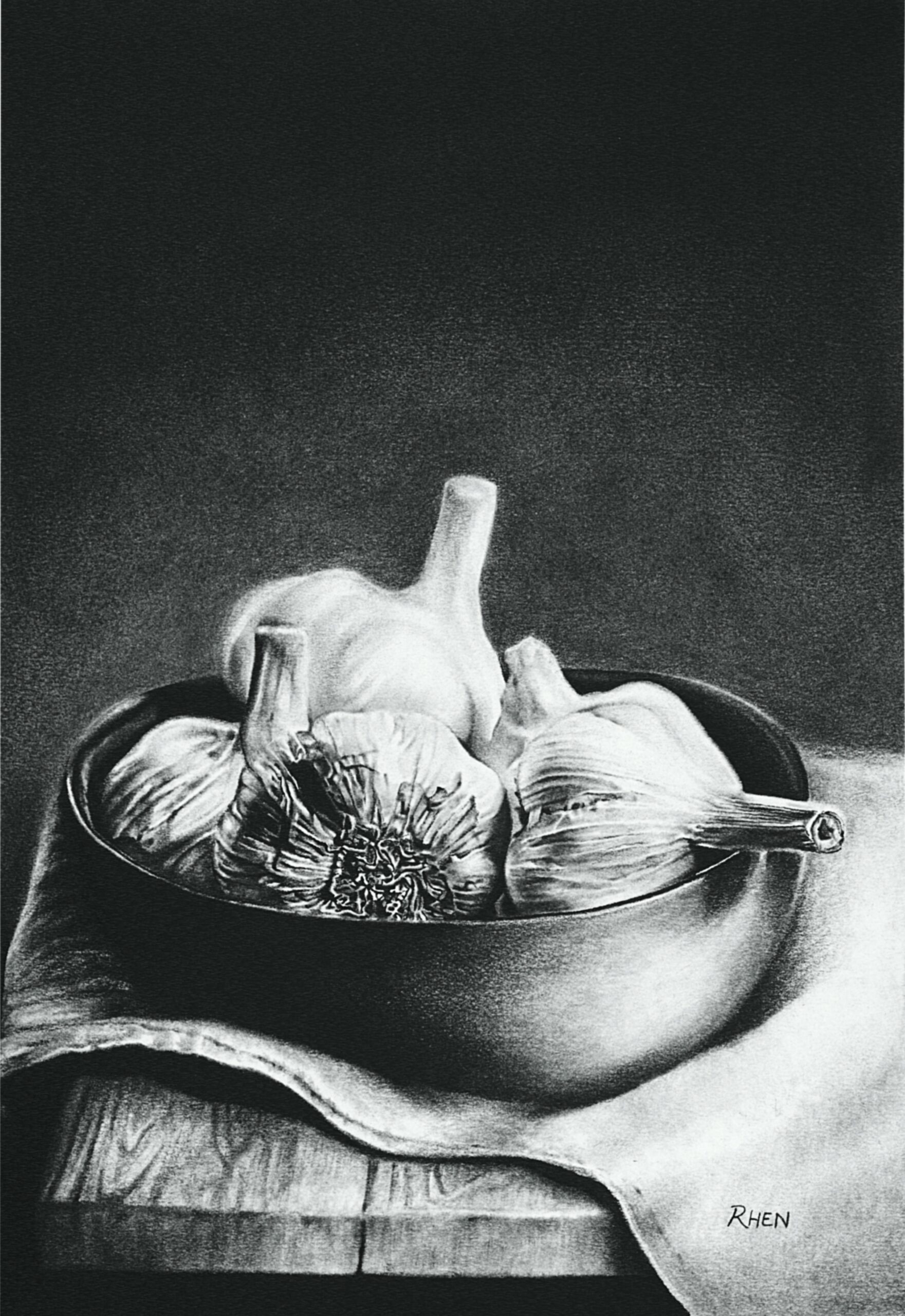 Bowl of Garlic, charcoal drawing on paper by South African artist Rhen Hanekom