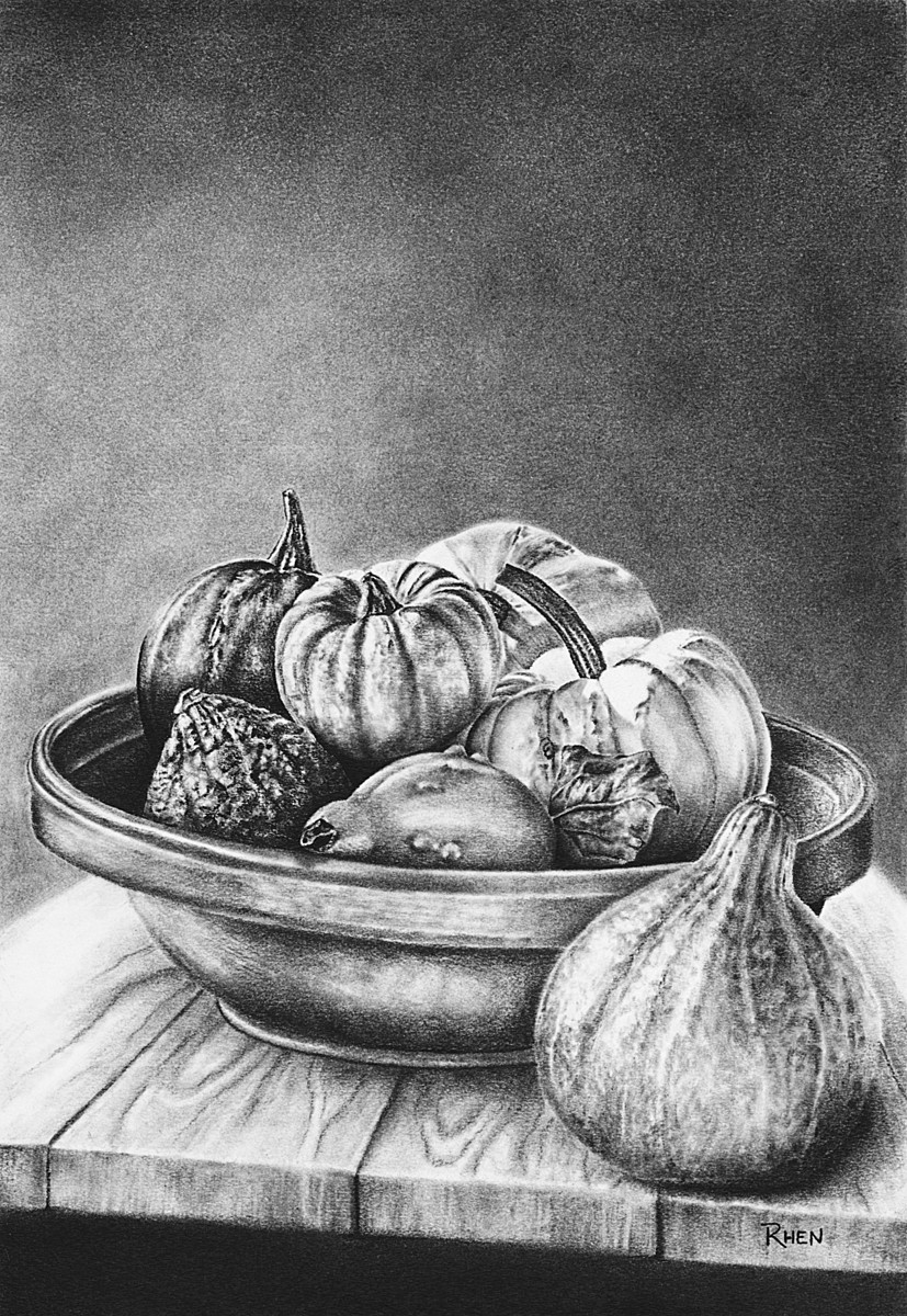 Bowl of Pumpkins, charcoal drawing on paper by South African artist Rhen Hanekom