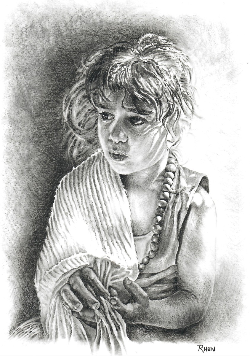 Kylie White Shawl, charcoal drawing on paper by South African artist Rhen Hanekom