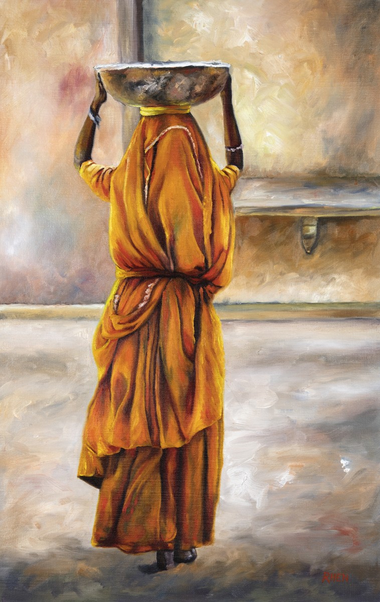 Turmeric Lady, oil painting on canvas by South African Artist Rhen Hanekom