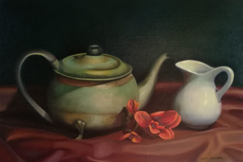 Still Life With Milk Jug by Rhen Hanekom, Oil on Canvas, 30 x 45 cm